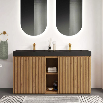 60F" Bathroom Vanity With Sink, Large Storage Freestanding Bathroom Vanity For Modern Bathroom, One-Piece Black Sink Basin Without Drain And Faucet