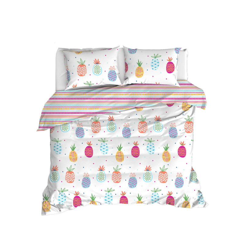 Ensemble de housse de couette 100% coton Blix blanc / rose / jaune, Housse de couette double + 2 taies d'oreiller 24 p