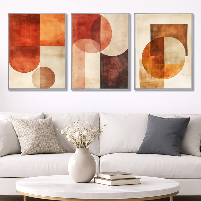 Terracotta Balance II - Décoration murale abstraite encadrée 3 pièces, 32" H x 72" W, Silver Floater Framed