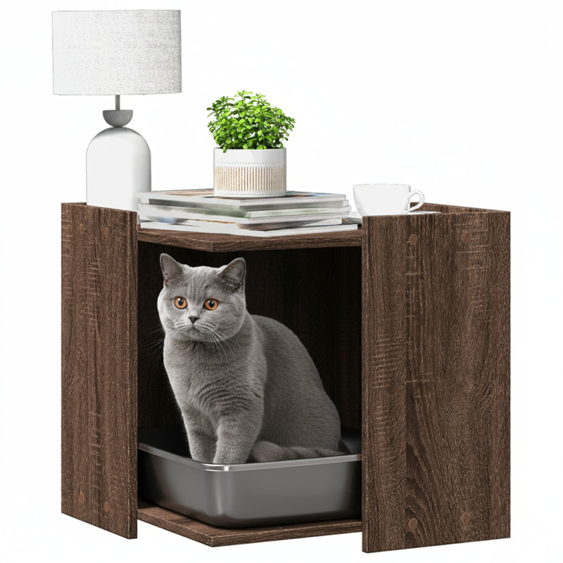 Engineered Wood Litter Box Enclosure, Brown Oak, 51cm H x 53cm W x 53cm D
