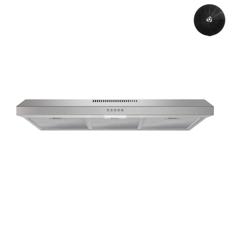 36 po T-10351-1-CL Hotte de cuisine convertible Arezzo 80 pi³ / min en acier inoxydable brossé avec filtres en maille, commande à bouton-poussoir, lumière DEL