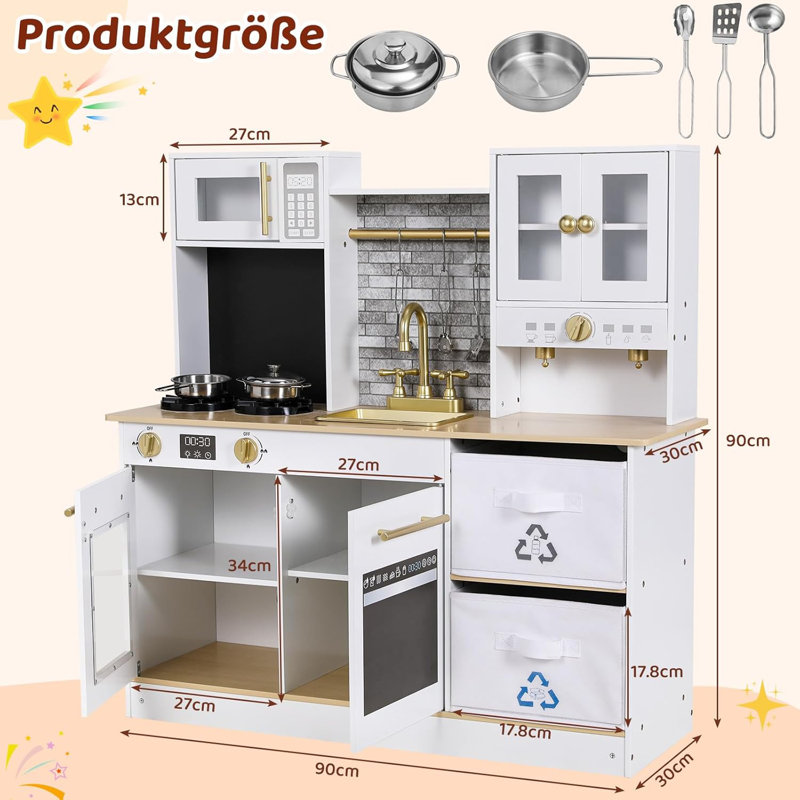 Children's Wooden Light And Sound 90X30X90 Cm With Accessories And Large Storage Box, White, From 3 Year's Old Kitchen Set