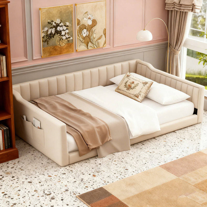 Upholstery Daybed and Side Storage pocket, Beige, Extra-Long Twin