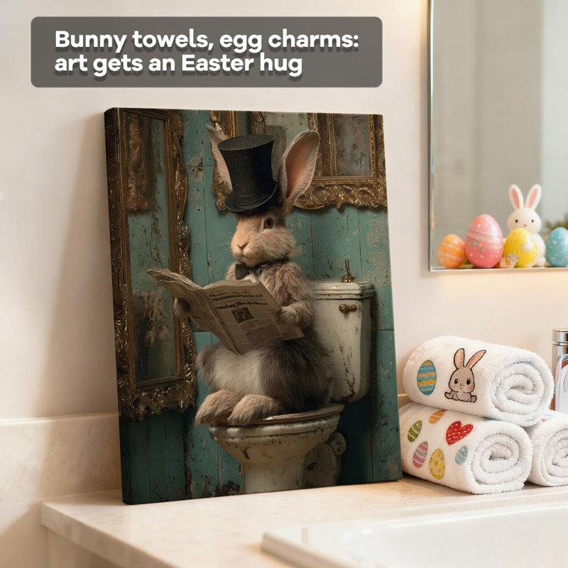 Élégant lapin lisant des impressions sur toile de journal, art mural sur toile de style salle de bain rétro, décor de salle de bain, décoration de chambre d'enfant, décorations de thème de lapin de Pâques, reproduction d'art sur toile tendue, 8 po x 10 po