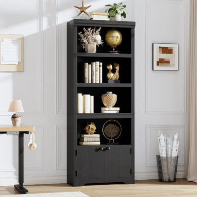 5 Tier Bookshelf with 2 Doors, 69"Tall Farmhouse Bookcase with Adjustable Shelves, 31.5''W Open Display Storage Rack for Home Office, Living Room, Library, Black W600