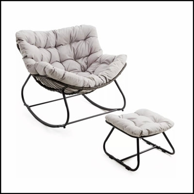 Chaise berçante avec repose-pieds, repose-pieds en osier toutes saisons et coussins moelleux pour l'intérieur et l'extérieur