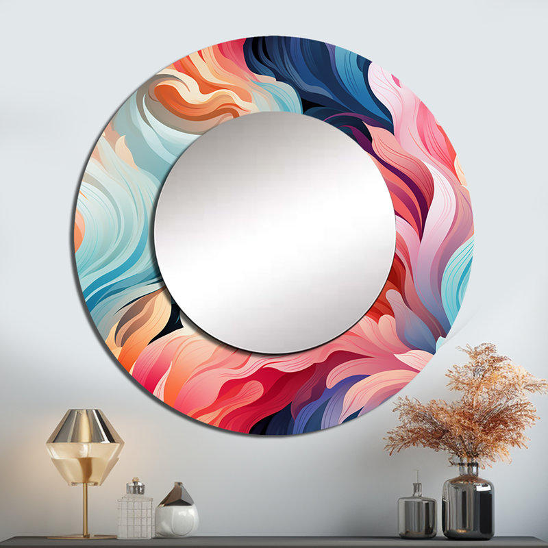 Rose et bleu électrique tourbillonne infusion - grand miroir mural abstrait, miroir décoratif rond moderne, art imprimé en métal