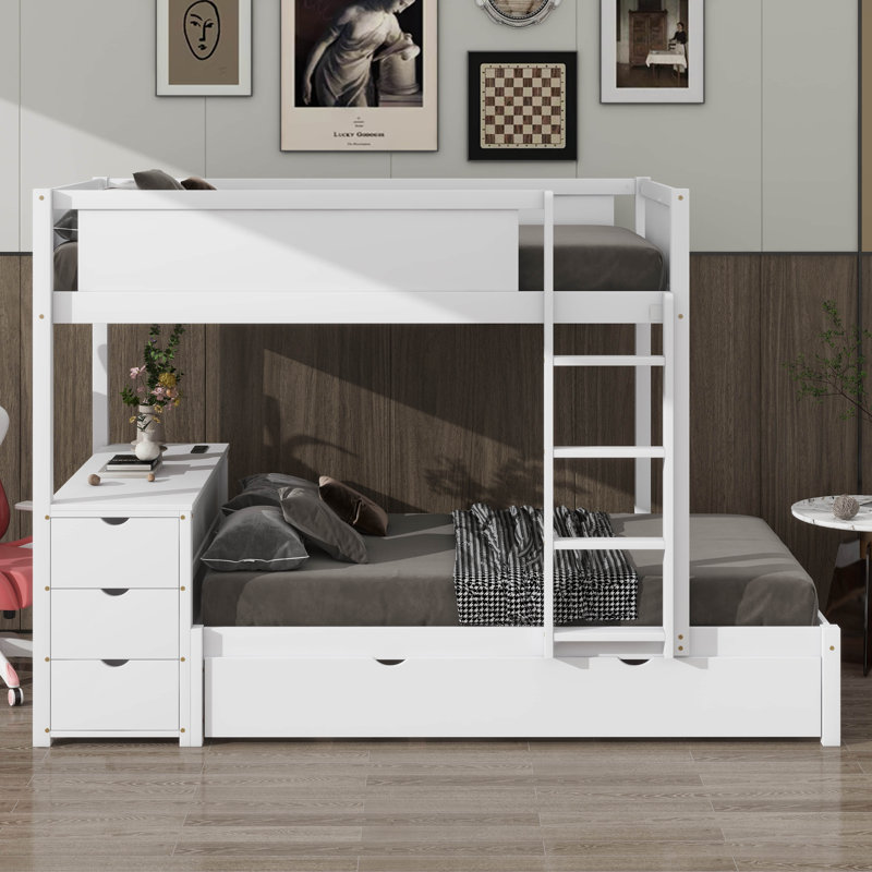 Lit superposé avec lit simple escamotable, espace de rangement et bureau, Simple sur simple, Blanc