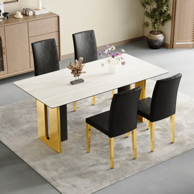 Set Of 4 Black PU Leather Backrest Chairs With Gold Metal Legs For Modern And Minimalist Home Decor