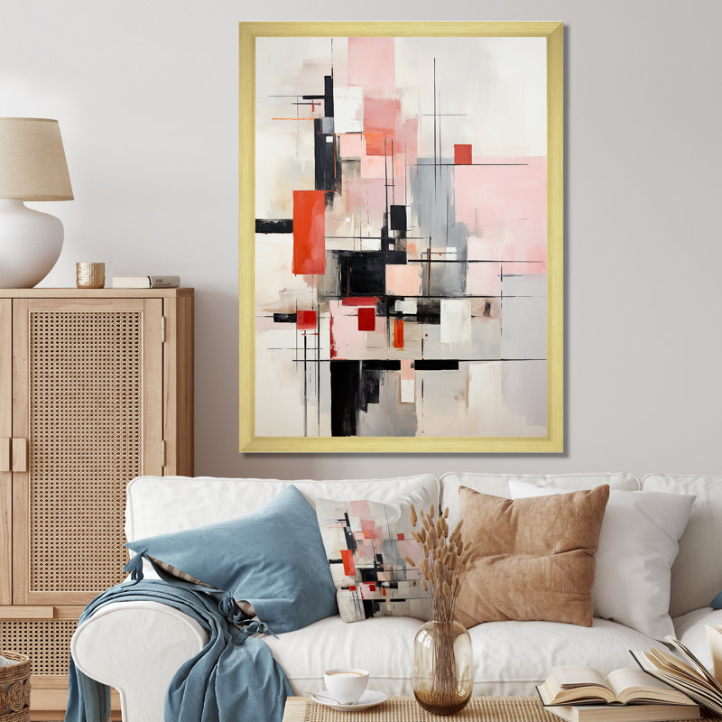 «Jahleya Beige Pink Suprematism Fragmented Perspectives II», reproduction sur toile, Encadrement doré