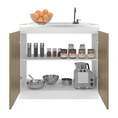 Évier utilitaire naturel + blanc avec robinet et comptoir en acier inoxydable, armoire autoportante pour cuisines de bureau à domicile, tablettes de rangement à deux portes, préparation de repas pratique, installation rapide