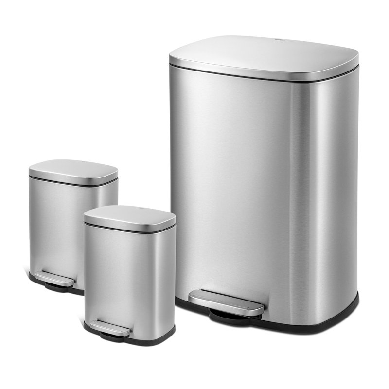 Qualiazero 13.2 Gallon and Two 1.3 Gallon Stainless Steel Rectangular Pedal Trash Can Set, Argent