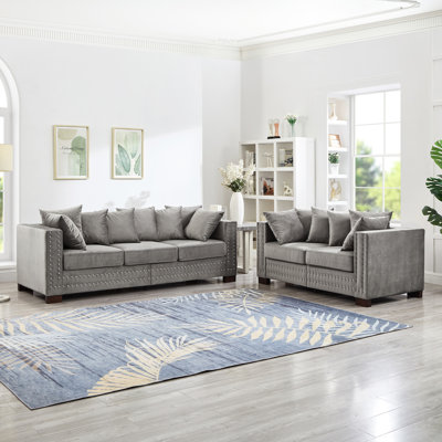 Velours moderne à 5 places avec clous carrés argentés, structure en bois massif stable, coussins en mousse haute densité confortables, housses de coussins amovibles, espace de rangement à 2 ou 3 places avec ressorts élastiques gris