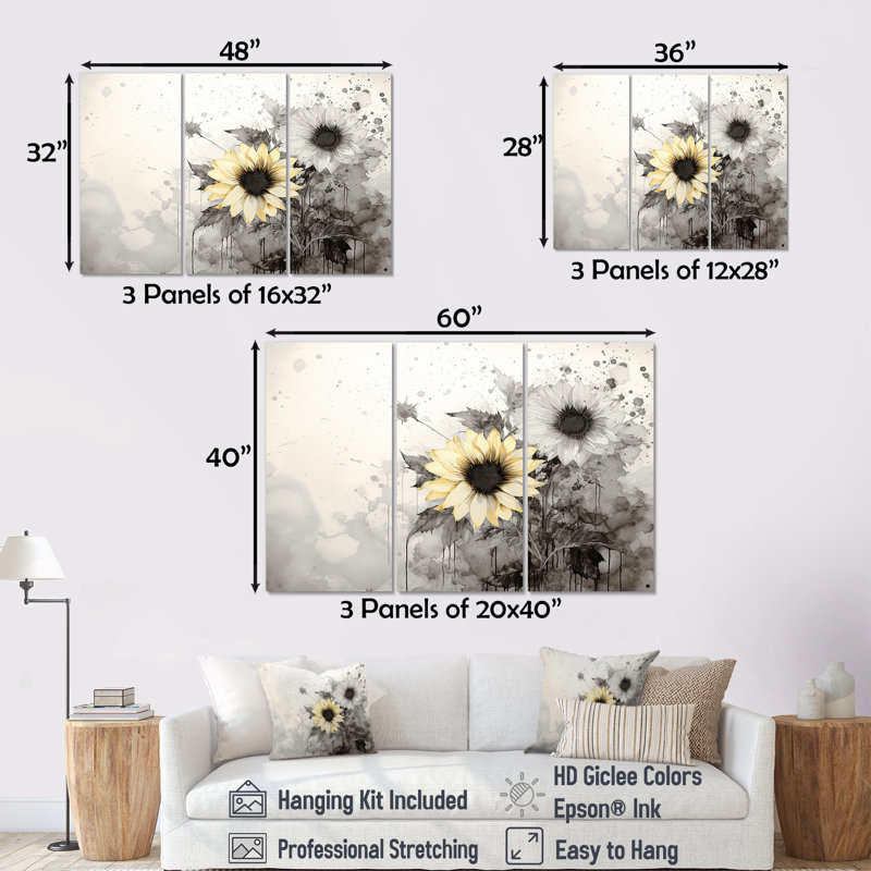 «Black and White Sunflowers Florescence I» - ensemble d'art mural toile tournesols, Toile tendue, H 32 po x l 48 po