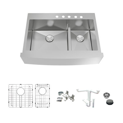 Diamond 35.75'' L Farmhouse / Apron Double Bowl Stainless Steel Kitchen Sink