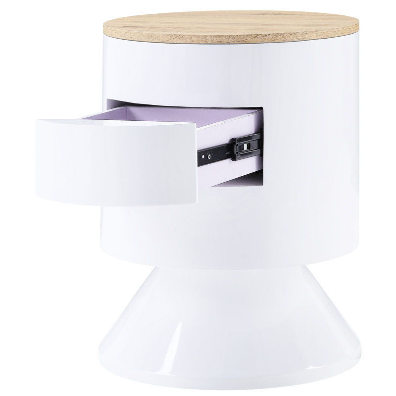 Table de chevet blanche brillante pour chambre à coucher - Tambour de rangement compact avec 1 accessoire