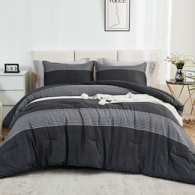 Andency Full Size Comforter Set Taupe - 7 Pieces Striped Lightweight Bed in a Bag, Soft Microfiber Reversible Bedding Set with Comforter, Fitted & Flat Sheet, Pillowcases & Shams