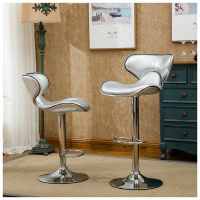 Masaccio Airlift Adjustable Swivel Barstool with Faux Leather Seat, Silver Finish