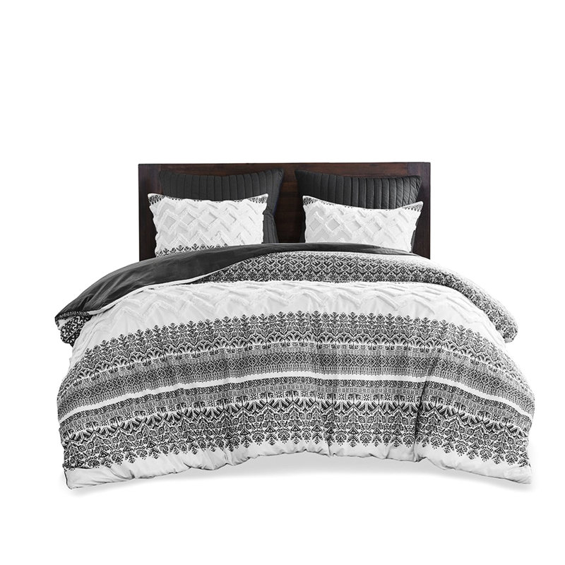 3 pièces - Édredon gris en coton avec capitonnage chenille