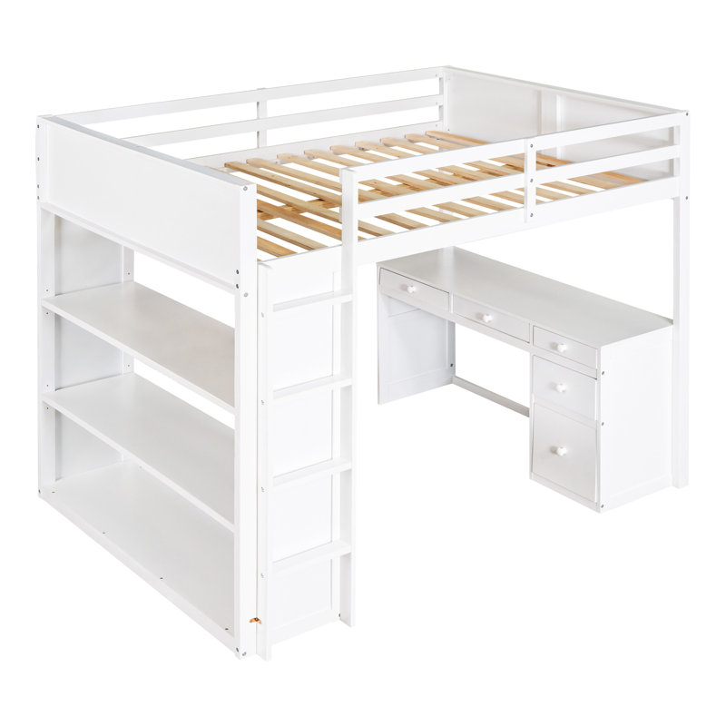 Full Size Loft Bed With Ladder, Shelves, And Desk, Gray, Blanc, Lit double
