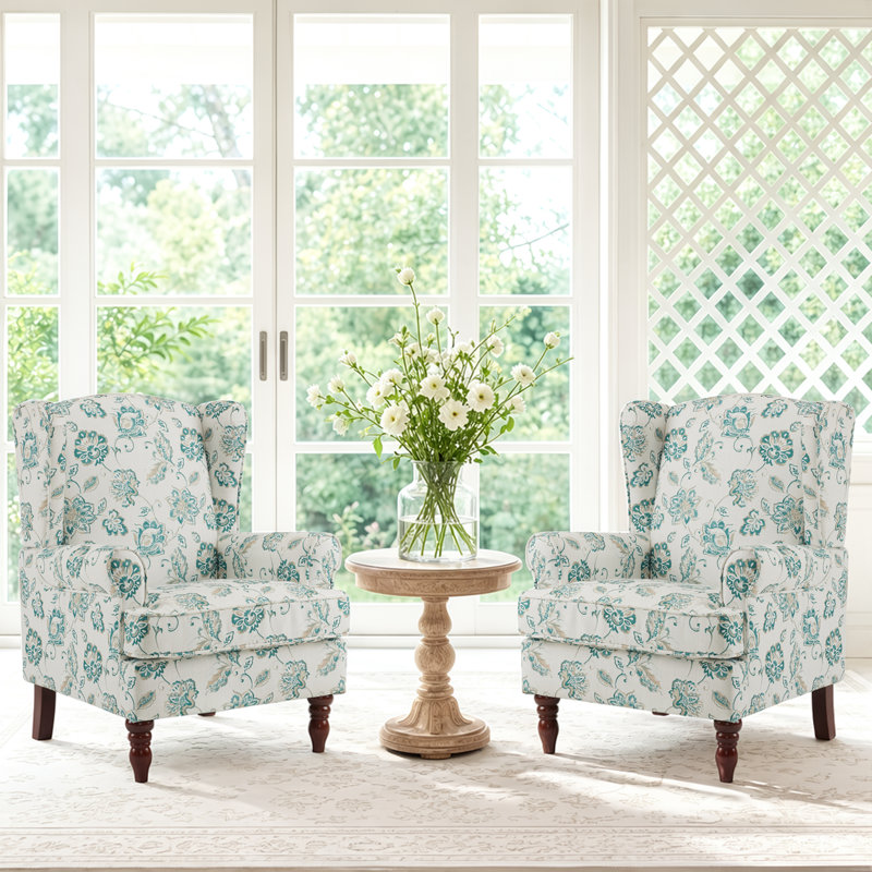 Upholstered Accent Chair, White/Green Floral
