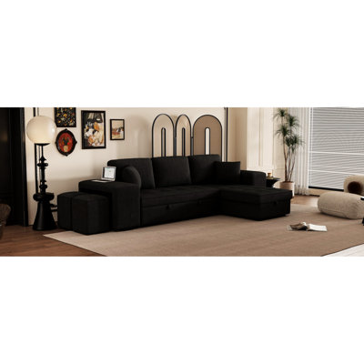 Canapé d'angle en L avec lit convertible et méridienne de rangement, 2 tabourets, gris anthracite, canapé-lit confortable, méridienne