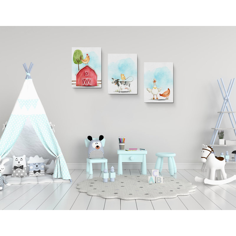 «Cow Chick Cute Farm Animals», ensemble de 3 impressions sur toile tendue, H 24 po x l 48 po x P 1,5 po