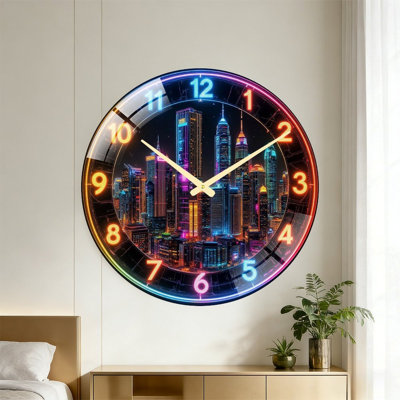 Horloge murale néon colorée de style ville - Décoration murale moderne en verre de 61 cm (24 po)