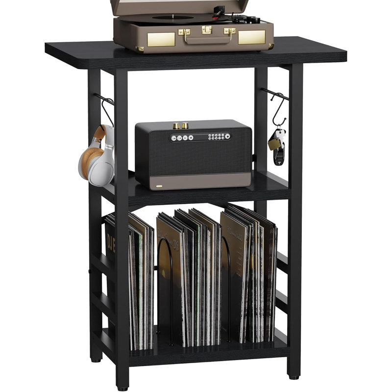 Modern Record Player Stand With Extended Desktop, Vinyl Storage, And Display Shelf For Music Room Or Studio