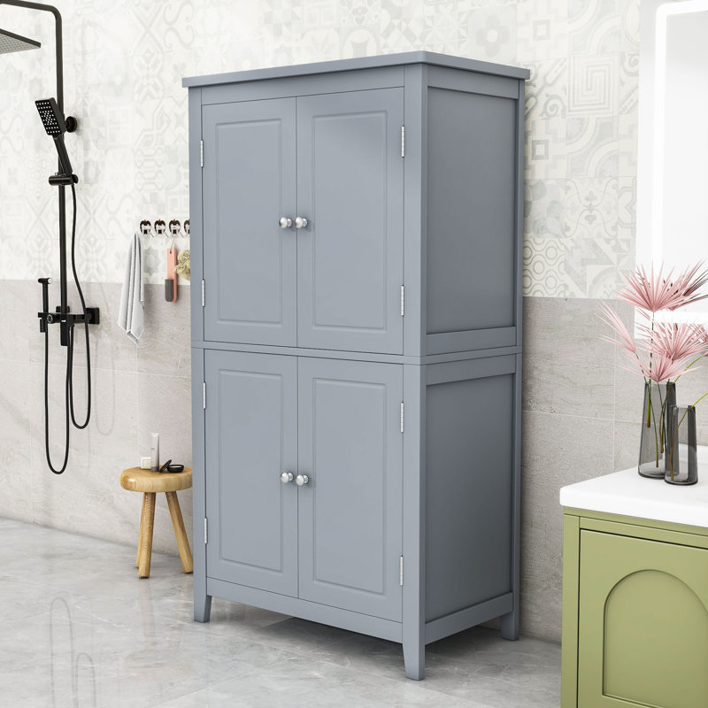 Armoire de rangement élégante pour salle de bain avec 4 portes et tablettes réglables, Gris, 43.2" H x 23.2" W x 12.2" D