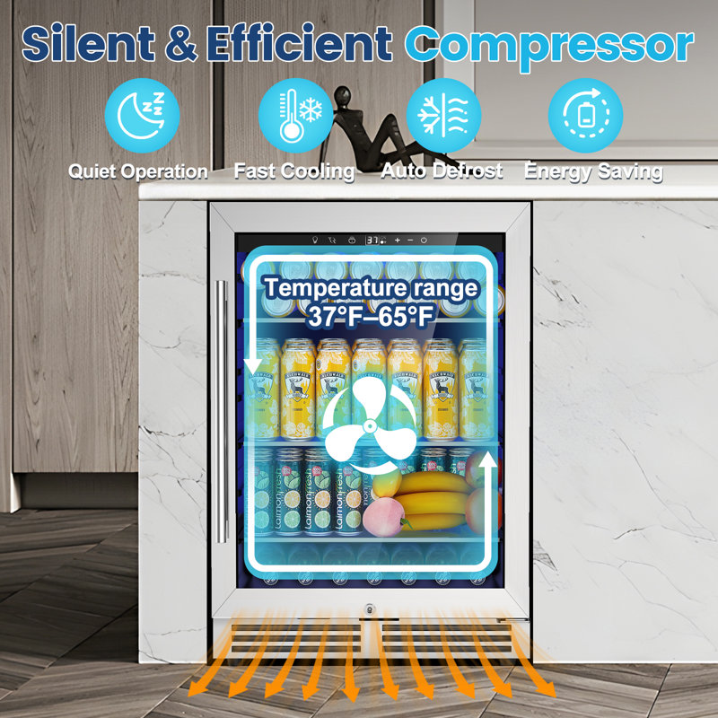 24" Beverage Refrigerator, 200-Can Capacity, Built-In/Freestanding, Glass Shelves, Dual Handle Options, Reversible Door & Safety Lock