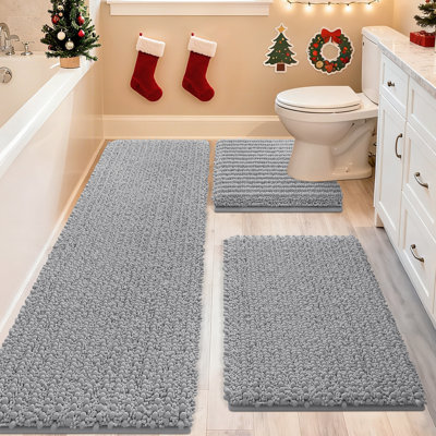 Ensemble de 3 tapis de salle de bain ultralégers gris clair ultra-doux et épais, tapis de toilette en chenille antidérapant pour salle de bain, chambre à coucher et cuisine