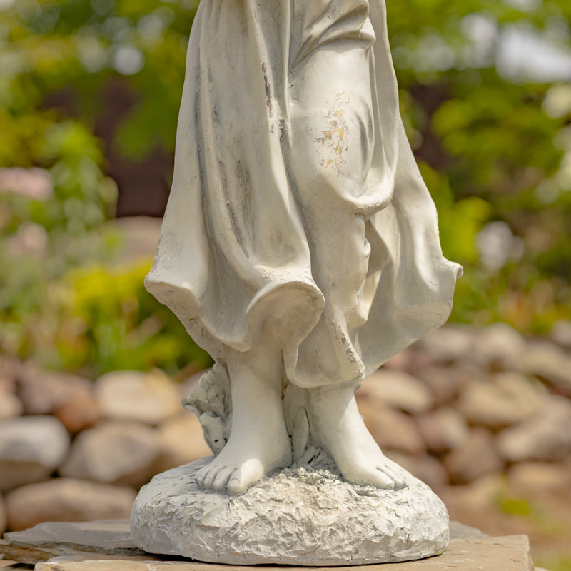 Jazmin Angel with Birdbath Magnesium Garden Statue, Antique White