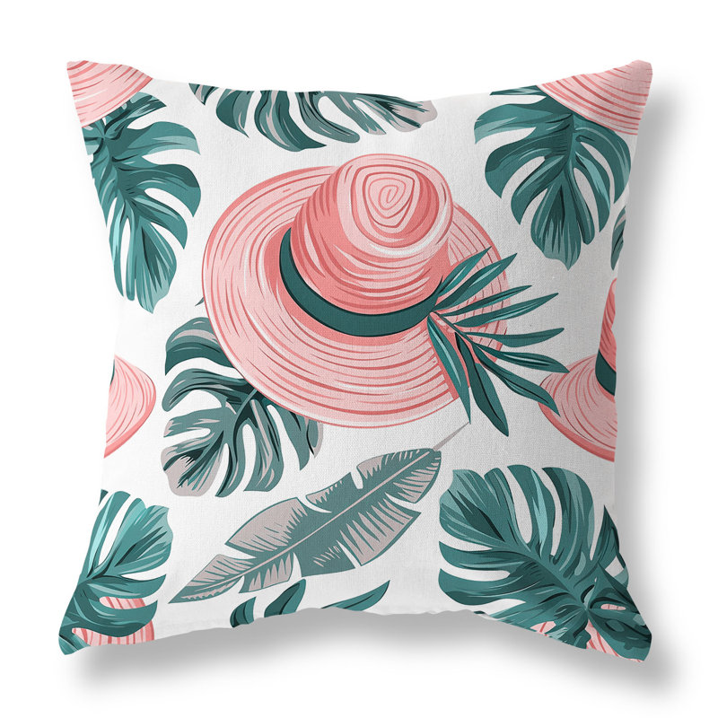 Coussin décoratif carré intérieur / extérieur Tropical Hat Dreams, H 26 po x l 26 po, Vert/rose