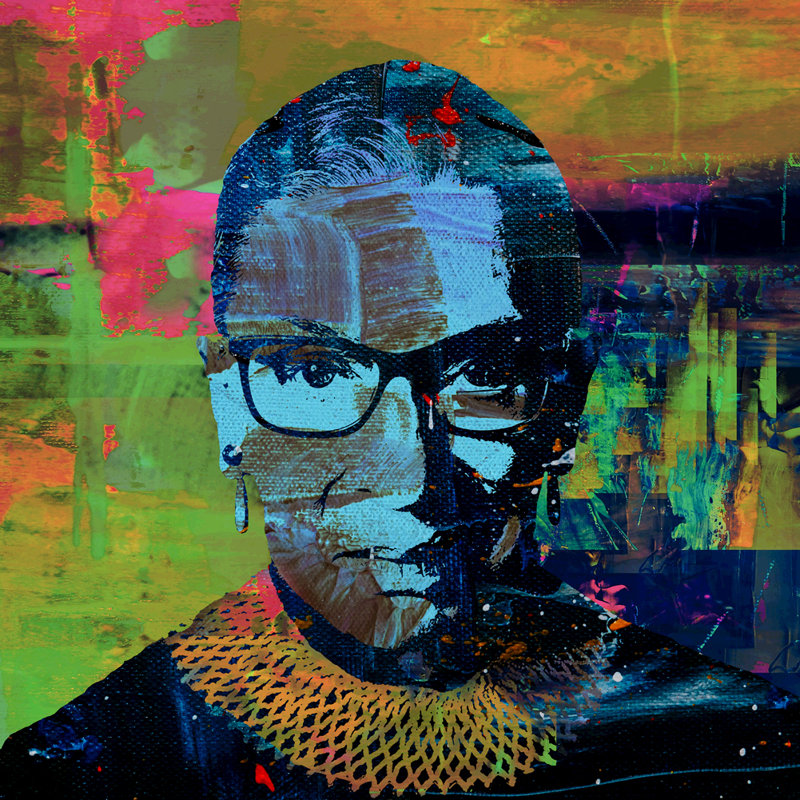 «Ruth Bader Ginsburg» par Stephen Chambers, peinture sur toile tendue, H 15 po x l 15 po x P 1,5 po