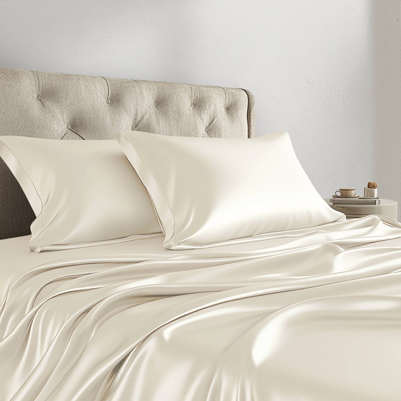 Satin Wrinkle Resistant Luxury Sheet Set, Ivory, Split King Sheet Set + 4 Standard Pillowcases