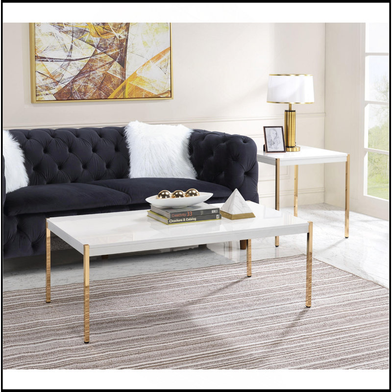 Rectangular Wooden Top Coffee Table, White And Gold