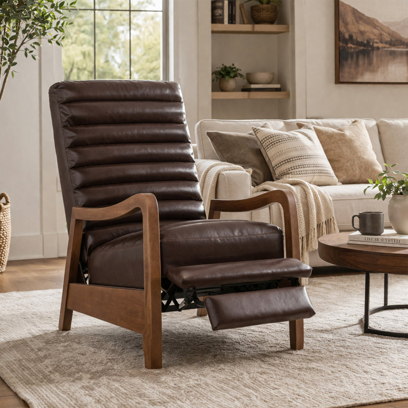 Ikraam Chance 26" Luxurious Oil Wax Upholstered Push Back Recliner with Parawood Frame, Brown 