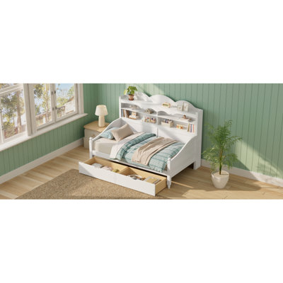 Lit de jour simple avec tiroirs de rangement, lit de jour simple en bois avec tablette de rangement, lit de jour de style rétro pour chambre à coucher, salon, chambre d'amis, aucun sommier nécessaire, assemblage facile, blanc