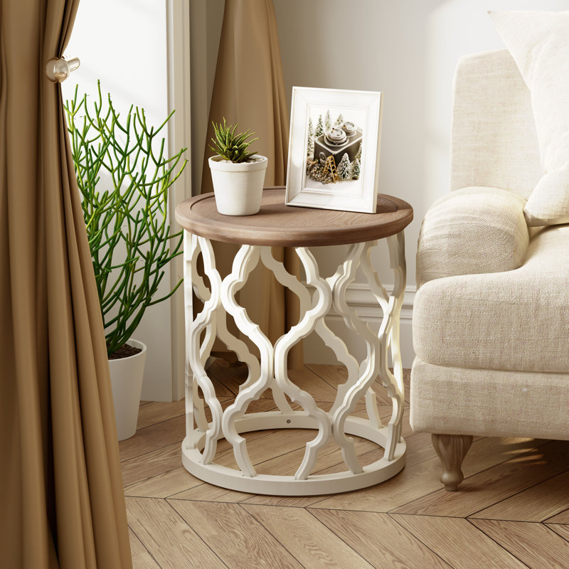 Farmhouse Tray Top Round End Table With Curved Motif Frame Base, White