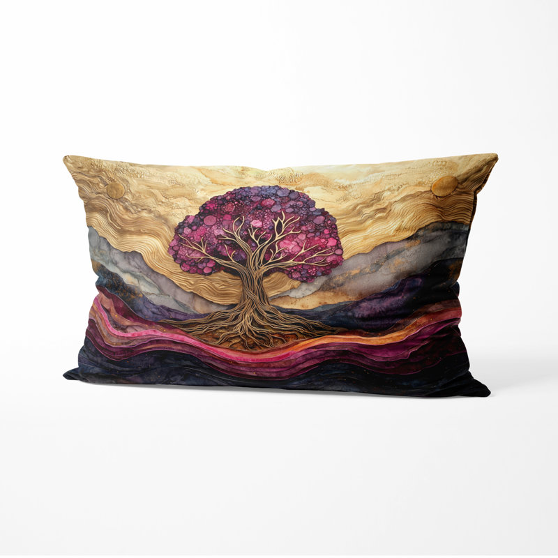 Coussin décoratif "Tree Of Life On Stone River II" Burgendy, H 12 po x l 20 po