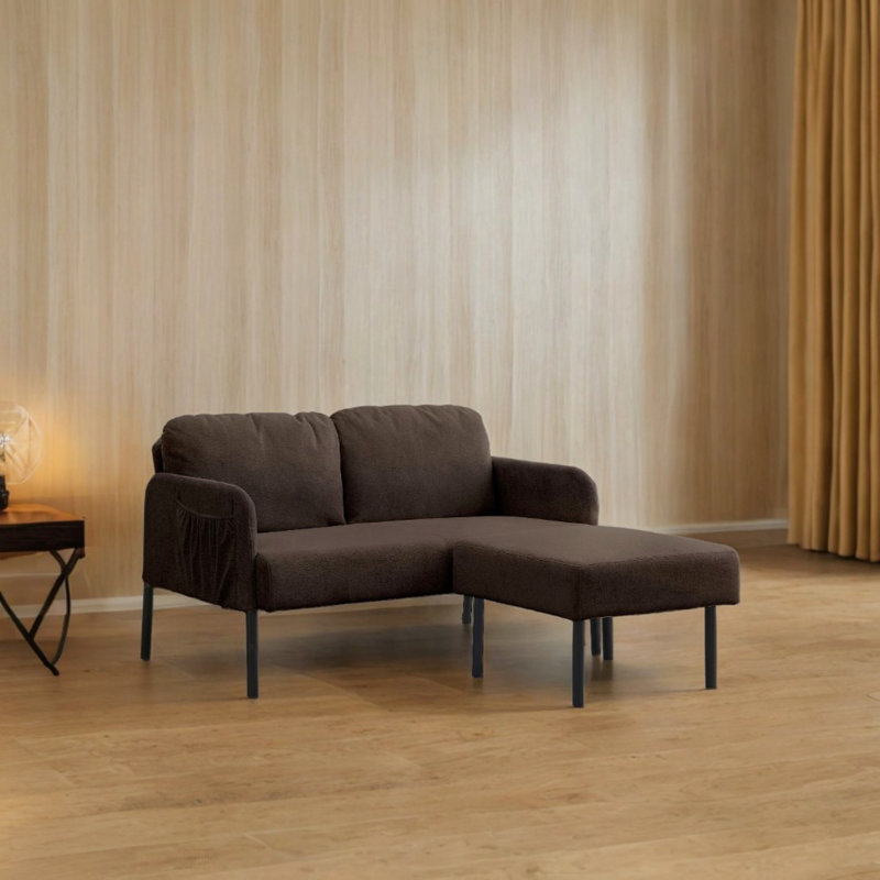 Canapé 2 places en L avec repose-pieds, causeuse moderne en tissu de polyester, petits fauteuils confortables, Brun
