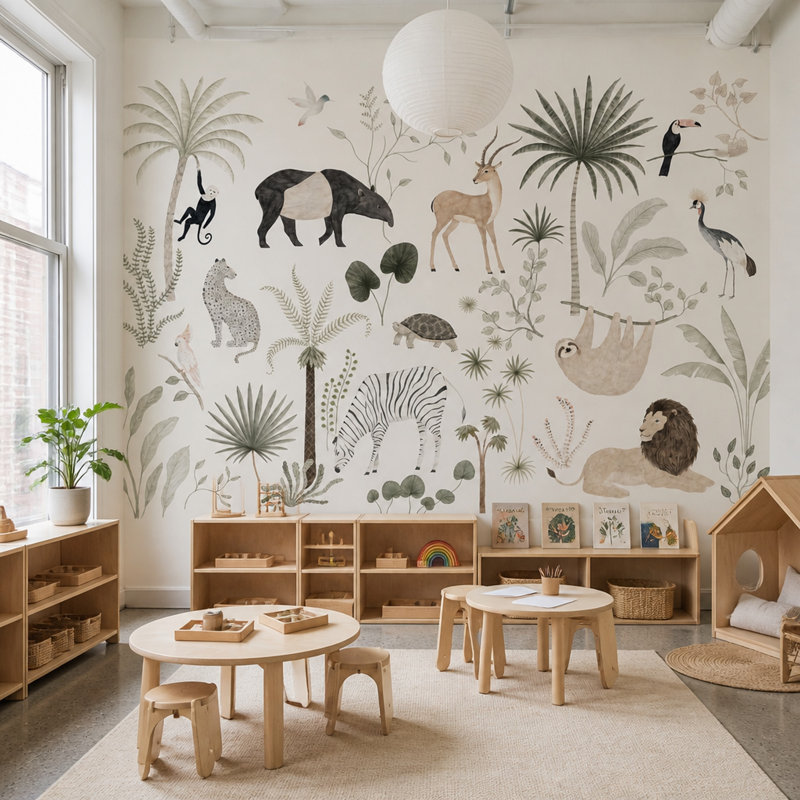 Décoration murale botanique amovible fond blanc, 100 po x 96 po, Peler et coller
