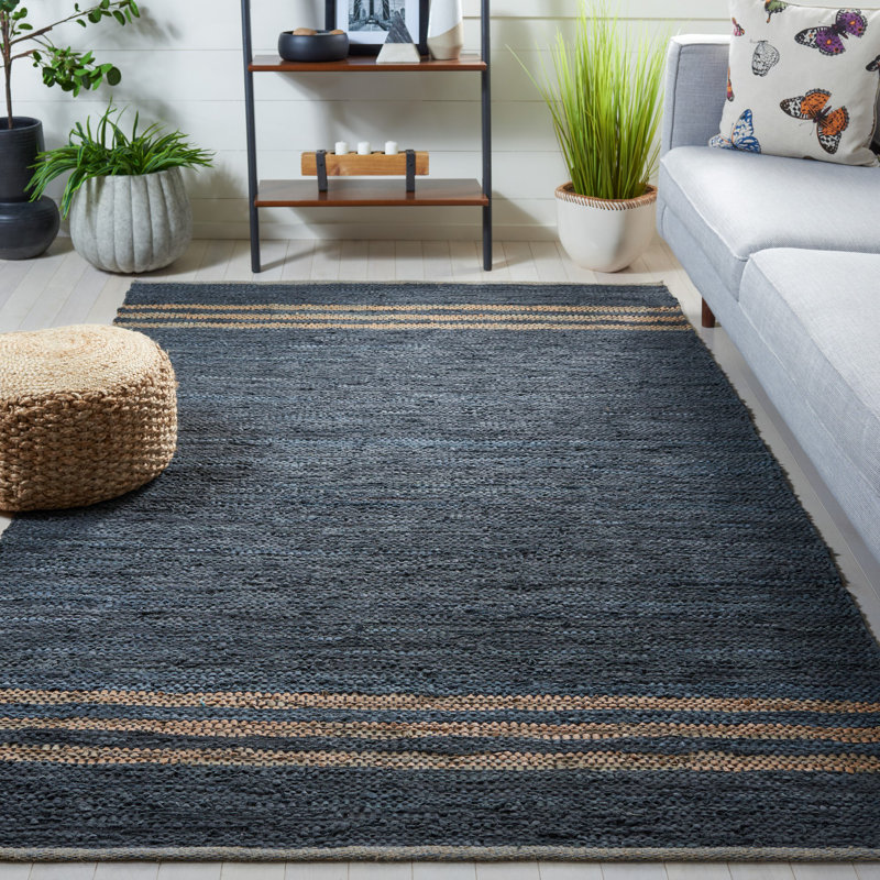 Tapis beige / bleu en cuir / coton tissé à la main Rider, Rectangle 4 pi x 6 pi