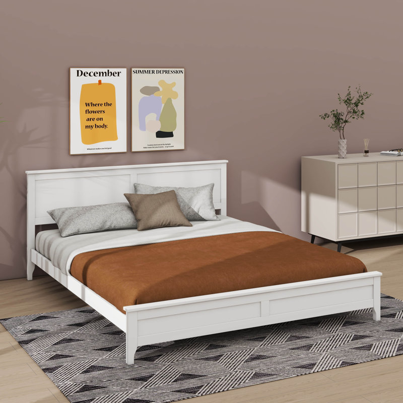 Simple Panel Bed Frame With Minimalist Design, White, Queen