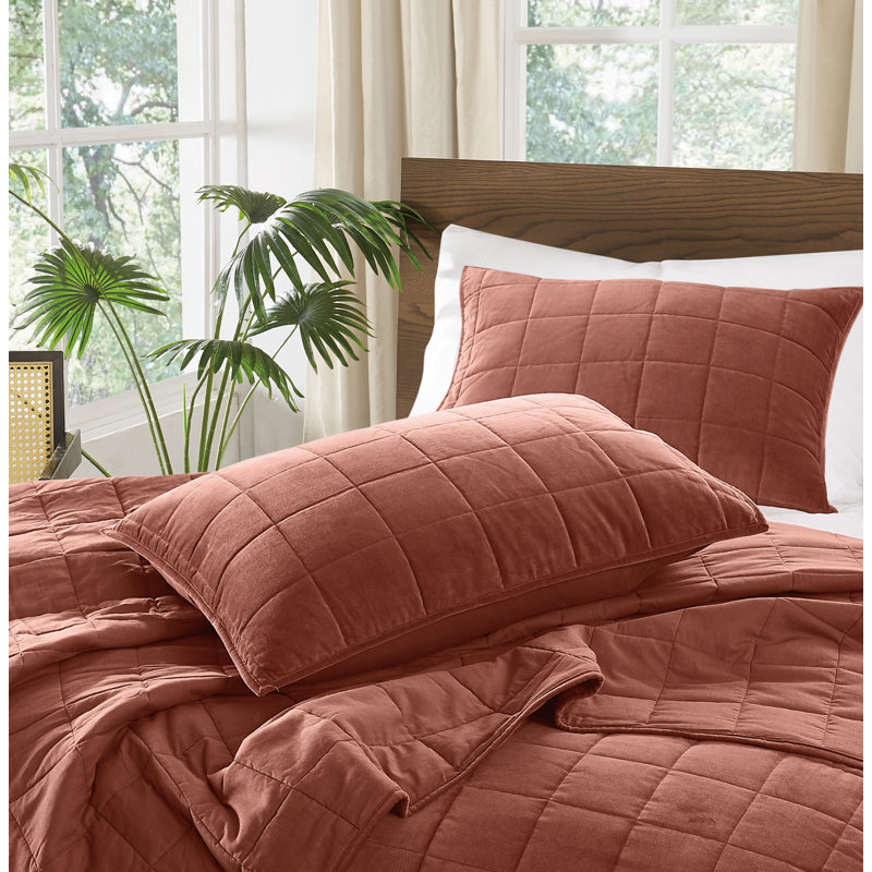 Ensemble de courtepointe en velours de coton matelassé Brooklyn, Rouille, Courtepointe simple très longue simple + 1 taie d