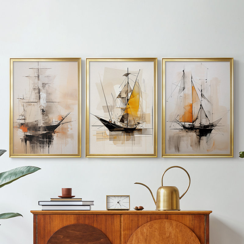 NAUTICAL Series CECLXI - Toile tendue avec châssis sur mesure - 3 pièces, H 19 po x l 27 po, Doré