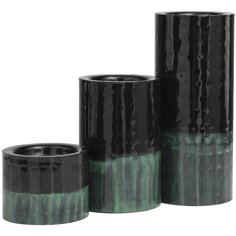 Metal Color block Decorative Candle Holder, Polished Black/Polished Green