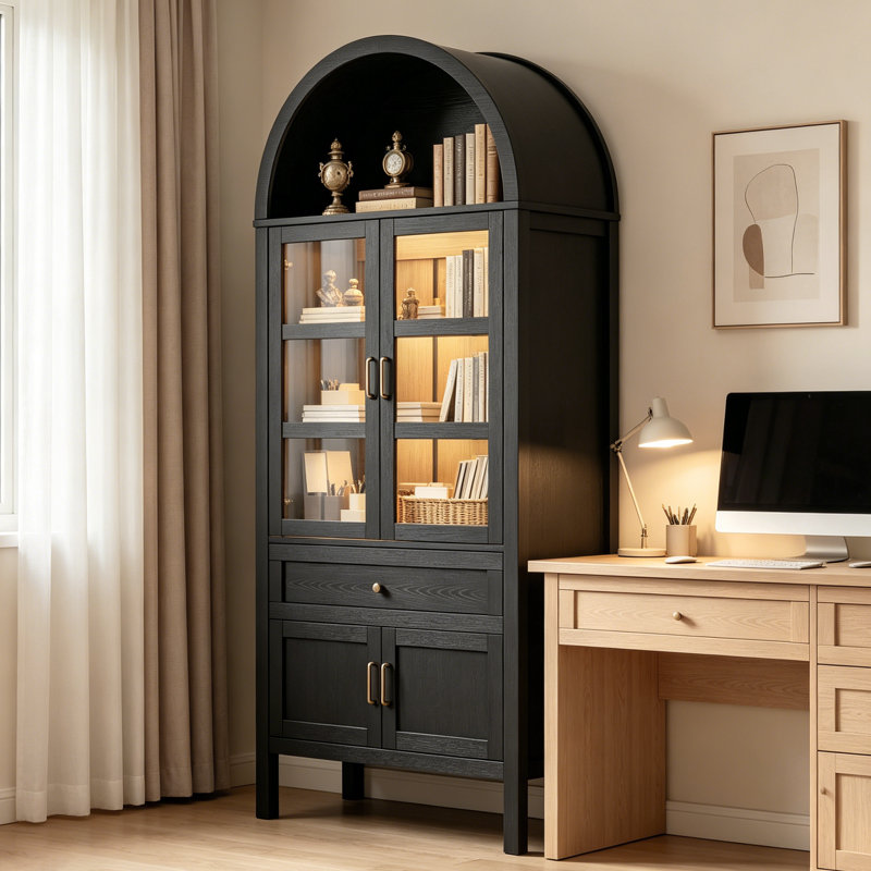 Bibliothèque cintrée de 180 cm de haut avec éclairage et portes en verre trempé, étagères réglables pour bureau et salon