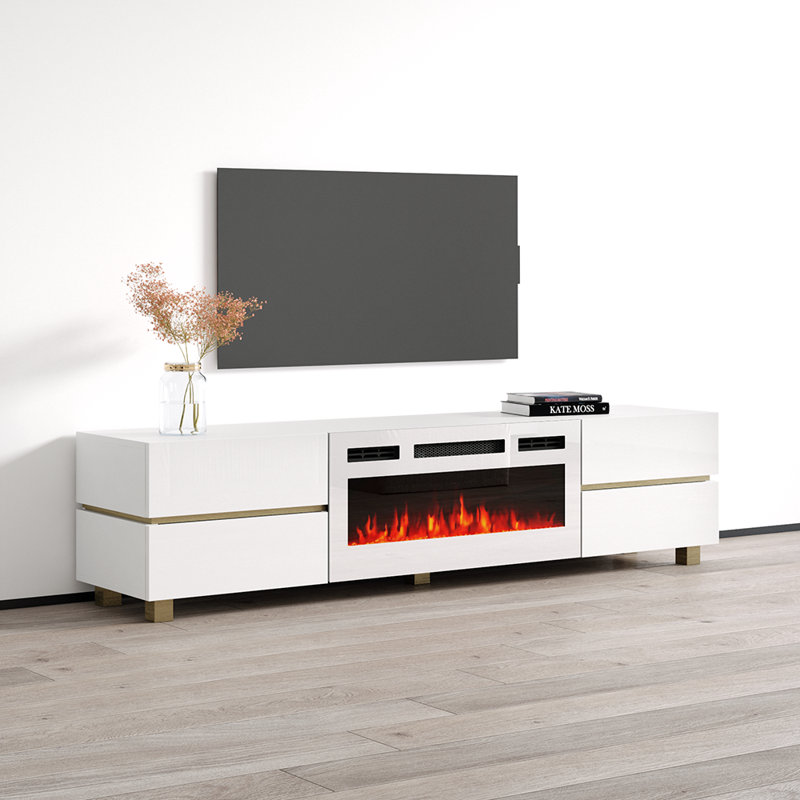 70.9" Modern TV Stand with Electric Fireplace, High Gloss Finish, Media Storage, White